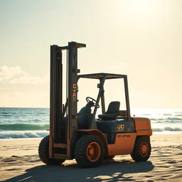 beach during sunny day, forklift in the background, photo style, realistic, very detailed