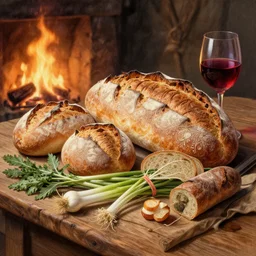 loaves of bread and vegetables on a wooden table, firelight warm lighting, fantasy, intricate, elegant, highly detailed, digital painting, still life, wine, artstation, concept art, matte, sharp focus, intricate, highly detailed, digital painting, trompe - l'œil, volumetric light, artstation, concept art, sharp focus, watercolor illustration, art by willem kalf and jan philip van thielen