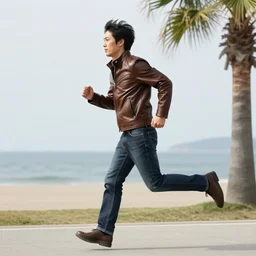 Japanese man in brown leather jacket and denim jeans, running along seaside with palm trees covered in Christmas lights, afternoon, Okinawa, 1987 photograph