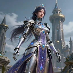 photo of a sorceress near mage tower, warframe armor!!, cyborg, magical dress, fantasy, interesting angle, sharp focus, 8 k high definition, insanely detailed, intricate, intelligent, art by kazuya takahashi, fenghua zhong, sangsoo jeong, kevin hou