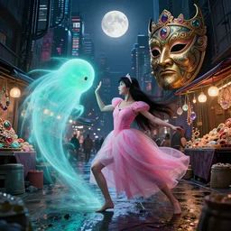 hyper realistic Princess Mononoke attacking luminescent ghost, ornate mask, wet market street, cyberpunk metropolis, city landscape, jewels, full body pose, full moon, style of tom bagshaw, mucha, james gurney, norman rockwell, denoised, sharp