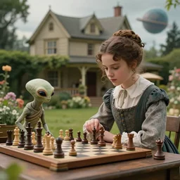 sharp, highly detailed, still from a sci fi blockbuster color movie made in 2019, set in 1860, of a girl playing chess with their small pet humanoid alien creature, in the garden of a house on an alien planet, are all wearing 1860s era clothes, cinematic lighting, in focus, 35mm f/1.4L lens