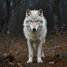 a lone wolf stares at us in a nightmare landscape, autumn, white fur, sad, emotive, dramatic lighting, high detail, cinematic, beautiful painting by wadim kashin, ruan jia, android jones, greg rutkowski, artgerm
