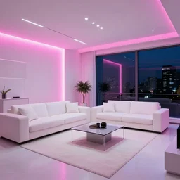 an all white modern design living room with neon pink lights with a large window with a view of a city at night outside