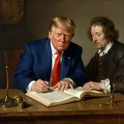 Donald Trump writing the vulgate, painted by Rembrandt and Sargent