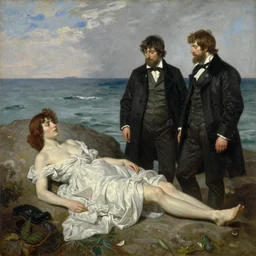 john william godward, sir lawrence almda tadema, herbert james draper. reverie of the undying fallen by the sea. oil on canvas. trending on artstation 1 8 9 9.