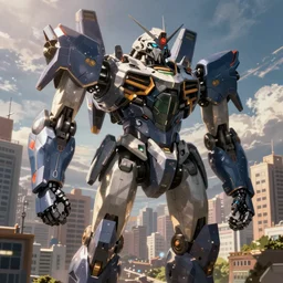 a big mech in the city, anime, hyperrealistic