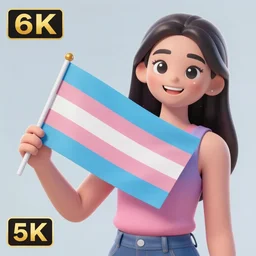 a girl holding a trans flag, happy, artstation, digital art, smooth, high quality, 8k
