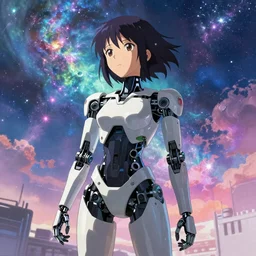 makoto shinkai. robotic android girl. futuristic cyberpunk dystopia. vibrant nebula sky.