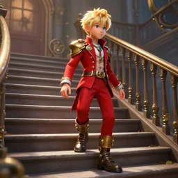 highly detailed vfx picture of a blonde boy in red suit walking up the stairs, steampunk, trending on artstation, art by league of legends, realistic, flickering light, bright, beautiful, 4 k, 8 k, hd