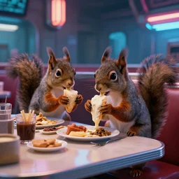cyberpunk squirrels eating breakfast at a dingy, cyberpunk diner.