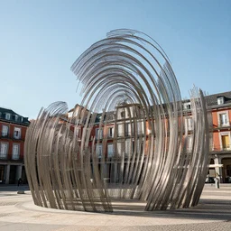 abstract public art of curved steel rods spiralling upwards, glinting in sunlight, in a small plaza in madrid, gorgeous travel photography
