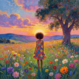 afro made of colorful flowers, full body, girl standing in the middle of a field with flowers, surreal photography, hills, big trees, sunrise dramatic light, impressionist painting, colorful clouds, digital painting, pointillism, artstation, simon stalenhag