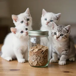 kittens and a mason jar on a table
