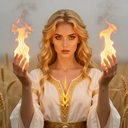 portrait of fire goddess, beautiful gold hair, captivating eyes, symmetry!!, iconic, wielding holy fire, stunning woman in slavic dress, wheat fields on sunset, renaissance deity, pagan mother goddess, freya, dramatic lighting, backlit by sun, d & d art by alphonse mucha