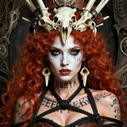 a fierce looking beautiful young woman with curly red hair and symmetrical white makeup, tied up with black rope, wearing an intricate headdress made from bones and leather, wearing large earrings made from white bones, black words written on skin, hyperdetailed illustration by irakli nadar and alexandre ferra, intricate linework, in the style of a national geographic portrait, unreal engine 5 highly rendered, global illumination, radiant light, detailed and intricate environment