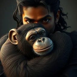 portrait of michael jackson hugging bubbles the chimp, intricate, octane render, detailed, beautiful, brown skin, unreal engine, symmetrical, artstation, art by karol bak, art by artgerm, rossdraws, cinematic, concept art, filmic, vsco