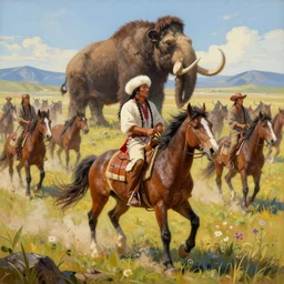 painting of native americans riding horses hunting a herd of mammoths, artstation, vibrant, colorful, ultra detailed