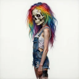 mixed media painting of a grungy skull woman with rainbow hair, stitched together, soft eyes and narrow chin, dainty figure, torn overalls, short shorts, combat boots, basic white background, side boob, wet tshirt, wet, raining, portrait, extremely hyper - detailed, intricate, epic composition, cinematic lighting, masterpiece, trending on artstation, very detailed, masterpiece, stunning,
