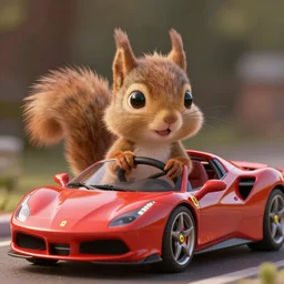 Cute tiny squirrel as a Pixar character driving a modern Ferrari