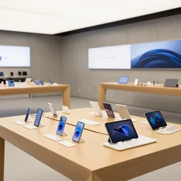 (mobiles and tablets on display on large tables in a wood and concrete flagship retail interior Samsung Microsoft Apple Foster & Partners empty stools, lush verdant plants, colorful digital screens) XF IQ4, 14mm, f/1.4, ISO 200, 1/160s, 8K, RAW, unedited, symmetrical balance, architectural photography, in-frame