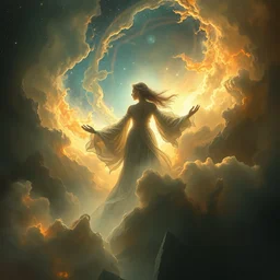 in thick flowing nebula robes she watches as the universe is born, full body, supersaturated nebulas, misty, ultra dramatic lighting, bright radial arcs of light, radiant stars, intricate, hyper detailed, masterpiece, beautiful painting by ruan jia, craig mullins peter mohrbacher