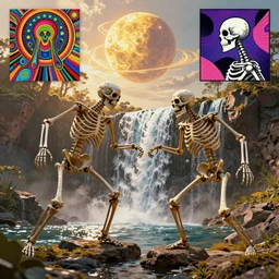 3d renderings of two Skeletons fighting in front of a waterfall, infographic for imaginary animals, golden hour, backlit by an alien planet, sharp focus, psychedelic LSD manga, abstract oil painting by Raqib Shaw and joseph albers, MC Escher illustration