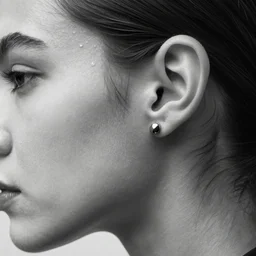 black and white fashion photography of an ear of a model, closeup, futuristic fashion, photo 3 5 mm leica, hyperdetail, 8 k, very detailed