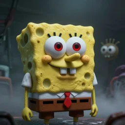 3 d creepy cgi evil spongebob staring with red eyes. octane render. volumetric fog, 4 k, darkness, scary, eery, realistic, hyperrealism, pores, textures, wrinkles, fleshy sponge