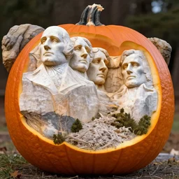 A pumpkin carved as Mount Rushmore with four faces, trending, high-detail photography