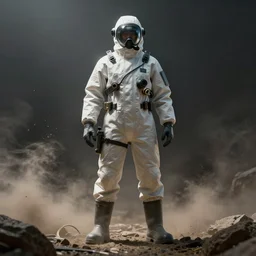 in full growth, scientist in a biohazard suit, fashion, render, volumetric light, artstation, fine details, digital art, symmetrical, dramatic light, dust in air