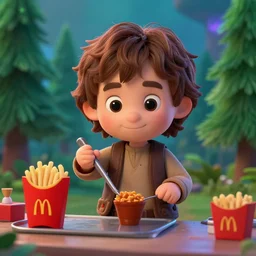 film still of frodo working at mcdonalds in the new batman movie, cartoonish cute, pine trees, magical atmosphere, trending on artstation, 3 0 mm, by noah bradley trending on artstation, deviantart, high detail, stylized portrait