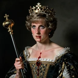 an ominous portrait of Princess Diana with blood dripping from her lips wearing a crown and holding a sceptre, by Rembrandt, by Goya, Dutch Golden Age, chiaroscuro, artstation