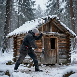 bombshell communist cyborg farmer destroying a wooden hut with an ax in a cold forest, hd, 8 k, realistic artwork