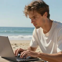 concept art of man working on laptop at sunny beach, perfect face, fine details, by greg rutkowski