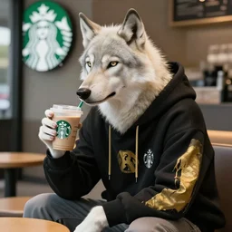 anthropomorphic albino wolf wearing a casual black and gold hoodie while sitting in a starbucks, highly detailed, artgerm style, artstation, soft light, sharp focus, illustration, character design, concept art