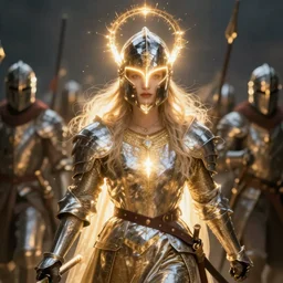 Science fantasy medieval knight leading charge with glowing helmet