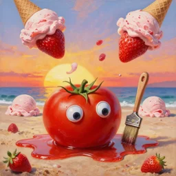 a funny detailed high resolution oil painting with dirty old brush of a lazy red burning tomato with to many googly eyes on a beach melting to hot for the sun, big piles of strawberry icecream in cones falling from the sky on a sunset by james jean