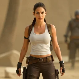 cinematic still of Golshifteh Farahani playing Lara Croft