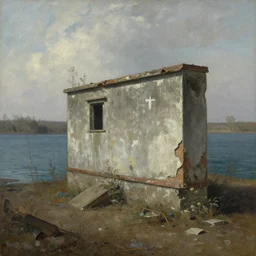 derelict communist block near a toxic lake. painting by rembrandt.