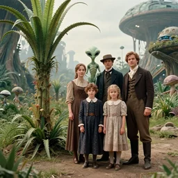 highly detailed, 435456k film, 1612800mm film still from a sci fi blockbuster color movie made in 2019, set in 1860, of a human family standing next to an alien plant, a single cute alien is standing behind them, in an alien park, on an alien planet, the family are all wearing 1860s era clothes, good lighting, good photography, ultra high definition