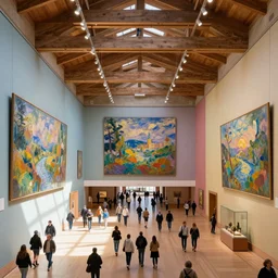 interior view overlooking a spectacular incredible beautiful art museum, huge impressionist art murals, crowded visitors, located in aspen colorado, bright colored buildings