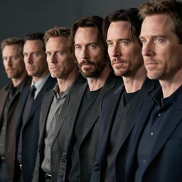 several keanu reeves standing next to each other in a row, highly detailed, extremely high quality, hd, 4 k, 8 k, professional photographer, 4 0 mp, lifelike, top - rated, award winning, realistic, detailed lighting, detailed shadows, sharp, no blur, edited, corrected, trending