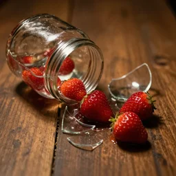 looking down at shattered mason jar leaking clear liquid and moonshine strawberries into an old wood floor. dim, warm light, 3 5 mm photography, macro, realistic