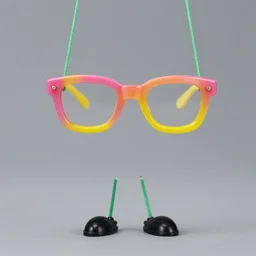 a marionet with pink and yellow glasses held up by green strings