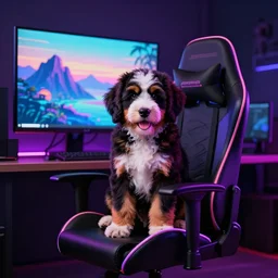 a cute bernedoodle puppy sitting in gaming chair + neon rgb light strips, large computer monitor, mountains in background, vaporwave, dramatic, confident, rule of thirds, 4 k, award winning, octane render, volumetric lighting