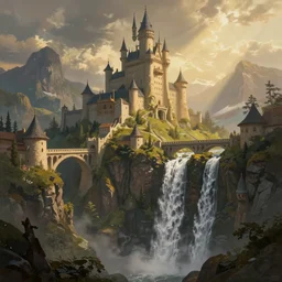 a painting of a castle on top of a mountain, over a high waterfall, bridges connecting the buildings, view from below, warm lighting, volumetric, godrays, a detailed matte painting by tyler edlin, artstation, fantasy art, matte painting, matte drawing, storybook illustration