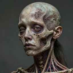 very sad and detailed rotten woman corpse with fractal ornate growing around her face muscles, veins, arteries, bones, anatomical, skull, eye, ears, intricate, surreal, ray caesar, john constable, guy denning, dan hillier