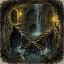 intersection of stairs and flooded sewer tunnels. fantasy art, underground, stream, musty, damp, sewage, darkness, water fall, underground, catacombs, abandoned spaces, torchlight. sketch art earthdawn campaign setting. myth drannor. parlainth. d & d.