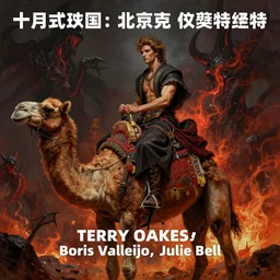 dramatic oil painting illustration of a young gorgeous man with female facial features, riding on the back of a camel, hellish, concept art by terry oakes, boris vallejo, julie bell, deviantart contest winner, dark fantasy, fantastic hyperrealism, daz 3 d, album cover, demonic, satanic